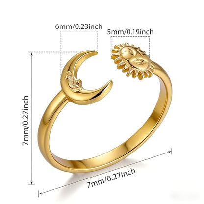 Sun and Moon Rings Stainless Steel Crescent Sun Rings for Women Gold Open Ring Middle Index Finger Jewelry Gift - color: A-Gold Sun&Moon