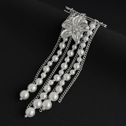 Gold Flower Pearl Tassel Brooch Pin for Women Elegant Pearl Chain Safety Pin Brooch Wedding Party Gift Dainty Elegant Lapel Pins Dress Suit Clothes Accessories - color: Silver