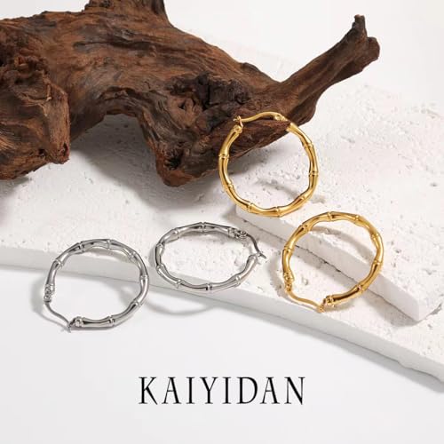 2 Pairs Gold/Silver Hoop Earrings For Women Set Trendy,14K Plated Gold Chunky Huggie Hoop Earings Pack,Oval Twisted Statement Silver Hoops,Fashion Jewelry Gift - color: 3) bamboo hoop