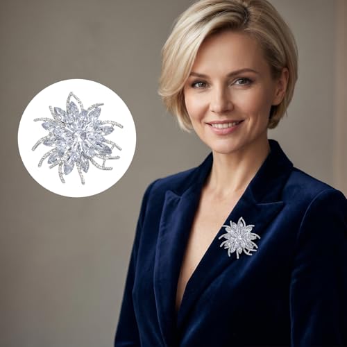 Crystal Flower Brooch Pin for Women Men, Rhinestone Lapel Pin for Suit | Elegant wedding party dress lapel pin, also fits coat hat scarf bag. gift for Valentine's Day Mother's Day Christmas