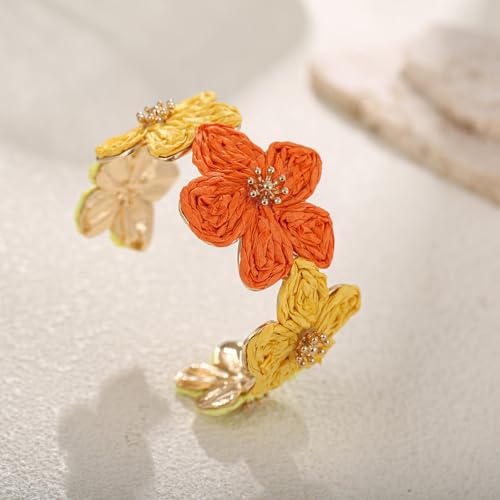 RUOFFETA Raffia Flower Cuff Bracelet for Women, Floral Chunky Bangle Wide Open Cuff Statement Bracelet - color: Orange Ombre