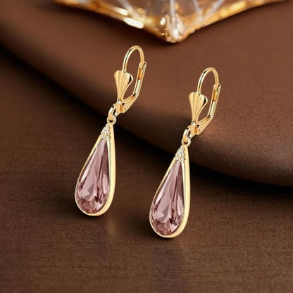 Teardrop Austrian Crystal Leverback Dangle Drop Earrings for Women | 14K Gold Plated,Classic Teardrop Elegance,Leverback for Easy Secure Wear,Gift Box Included, Brighten Up Daily and Party Looks - color: Antique Pink