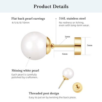 Pearl Earrings Studs for Women, 1 Pair Gold Filled Silver Hypoallergenic Titanium 20G Post with Screw Flat Back Small Pearls Jewelry Gift - color: Gold, size: 4mm Pearl