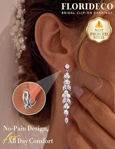 Florideco Silver Plated Clip On Earrings Wedding Dangle Earrings for Women - color: S-Long Danlge