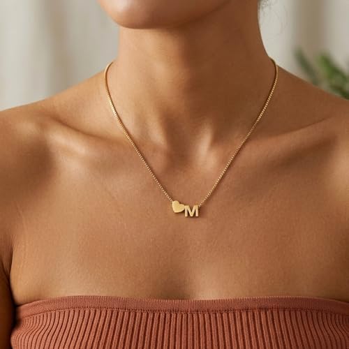 18K Real Gold Plated Heart Initial Necklace for Women-Personalized A-Z Letter Pendant on Durable Stainless Steel Box Chain (16+2.5 inch Adjustable) Hypoallergenic Everyday Jewelry Gift Boxed for Mom Wife - style: Gold:M