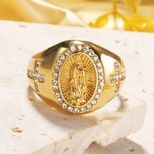 Christian Couple Signet Rings Set: Square Jesus (Men) & Oval Virgin Mary (Women), Stainless Steel Gold Plated with Side CZ Cross, Rhinestone Religious Rings - color: Mary