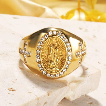 Christian Couple Signet Rings Set: Square Jesus (Men) & Oval Virgin Mary (Women), Stainless Steel Gold Plated with Side CZ Cross, Rhinestone Religious Rings - color: Mary