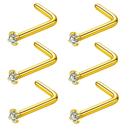 316L Surgical Steel 22g/20g/18g Nose Rings Studs L-Shape Nose Nostrial Piercing Body Jewerly L Shaped Nose Studs 1.5mm 2mm 2.5mm 3mm CZ Nose Screw Studs Rings for Women - style: 6pcs/L-shape/18g/1.5mm Clear CZ/Gold