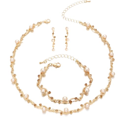 Bridal Pearl Choker Necklace Earrings Bracelet Wedding Crystal Jewelry Set for Women Brides Bridesmaid Prom - color: Champagne-Gold Plated