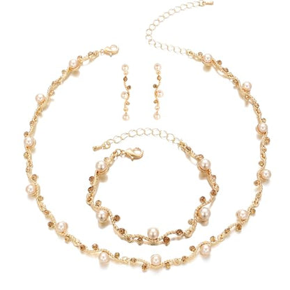 Bridal Pearl Choker Necklace Earrings Bracelet Wedding Crystal Jewelry Set for Women Brides Bridesmaid Prom - color: Champagne-Gold Plated