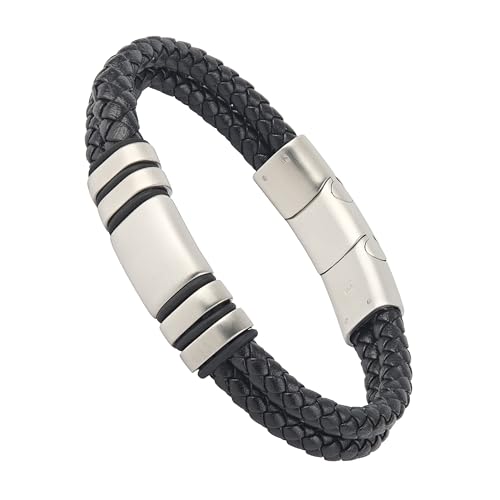 Forge & Foundry Men's Adjustable Black Leather Bracelet | Genuine Woven Leather with Snap Clasp | Design-Led, Artisan Jewelry from London [Navarro] - color: Silver - Double Strand, size: Large