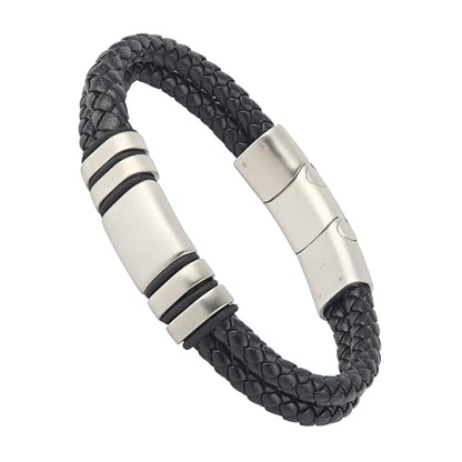 Forge & Foundry Men's Adjustable Black Leather Bracelet | Genuine Woven Leather with Snap Clasp | Design-Led, Artisan Jewelry from London [Navarro] - color: Silver - Double Strand, size: Large