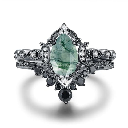 Moss Agate Bridal Wedding Rings Set for Women 925 Sterling Silver | Plated Platinum/Black Gold, Gothic, Vintage, Engagement Promise Ring, Anniversary Valentine Day Birthday Gift for Her - style: Black Gold Plating New Moon Halo Ring