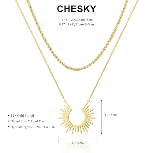 CHESKY Layered Necklaces for Women Trendy, Dainty 14k Gold Plated Pendant Necklace Layering Necklace for Women Non Tarnish Hypoallergenic Sun Gold Necklace Stack Gold Jewelry for Women Gifts - style: SunRope-GD