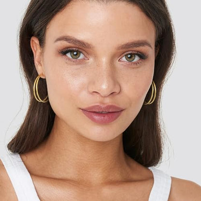 Large Thin Double Hoop Earrings for Women Lightweight Hypoallergenic 925 Sterling Silver Post 14K Gold Hoops Non Tarnish Sturdy Big Thin Double Layered Hoop Earrings 30/40/50/60mm - color: Gold, size: 40mm