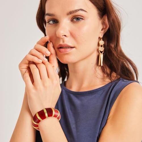 YBMYCM Acrylic Chunky Bangles Bracelets for Women Resin Gold-plated Stackable Stretch Bracelet Wide Wristbands Gift Jewelry - color: Red