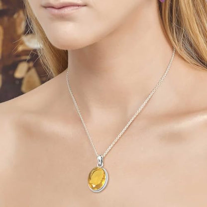 Chunky Natural Gemstone Pendant Necklace For Women Onyx, Turquoise, Amber, Garnet Oval Boho Genuine 925 Sterling Silver Handmade Jewelry - color: Citrine Quartz
