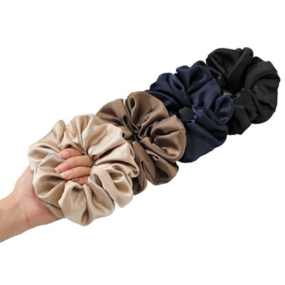4 PCS Large Satin Silk Scrunchies for Women Big Hair Scrunchies Thick Hair | Black Navy Brown Champagne / Stretched 10" Length / No Damage / Gift Box /Diameter: 5 inches / All Hairstyles - color: Black Navy-Blue Brown Champagne, size: 1 Count (Pack of 4)
