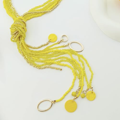 Coiris Long Seed Beaded Multi Strand Necklace,10 Multiple Statement Long Bib Necklace with Tie Knot for Women and Girls Jewelry - color: Yellow