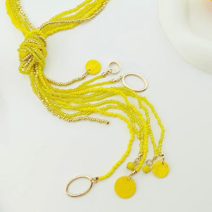 Coiris Long Seed Beaded Multi Strand Necklace,10 Multiple Statement Long Bib Necklace with Tie Knot for Women and Girls Jewelry - color: Yellow