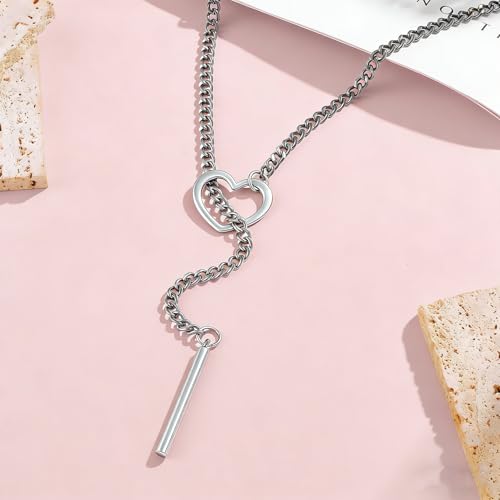 Slip Chain Necklace for Women Gothic Stainless Steel Bar Pendant Cuban Link Necklaces Adjustable Goth O Ring Long Necklaces Punk Rock Collar Choker Trendy Lariat Y Necklace - color: Long silver bar