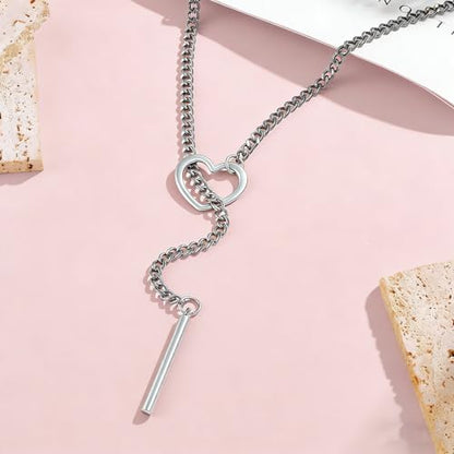 Slip Chain Necklace for Women Gothic Stainless Steel Bar Pendant Cuban Link Necklaces Adjustable Goth O Ring Long Necklaces Punk Rock Collar Choker Trendy Lariat Y Necklace - color: Long silver bar
