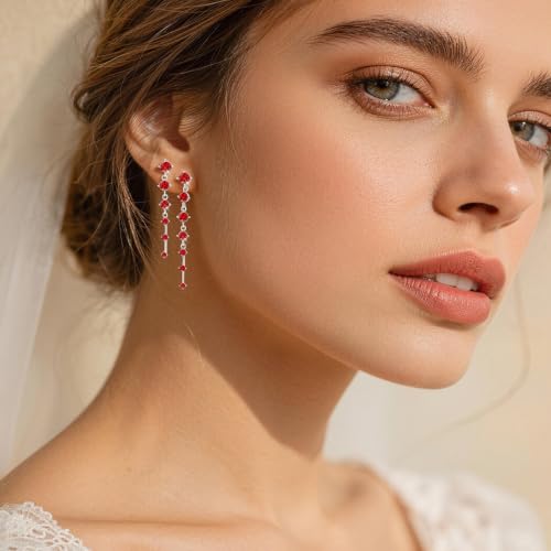 2 Pairs Long Diamond Dangle Tassel Earrings for Women | 14K Gold Silver Plated, Dainty Diamond Crystal Drop Earring, Small Cz Statement Dangly, for Wedding Bridesmaid, Jewelry Gifts - color: 2 Pairs Silver-Red