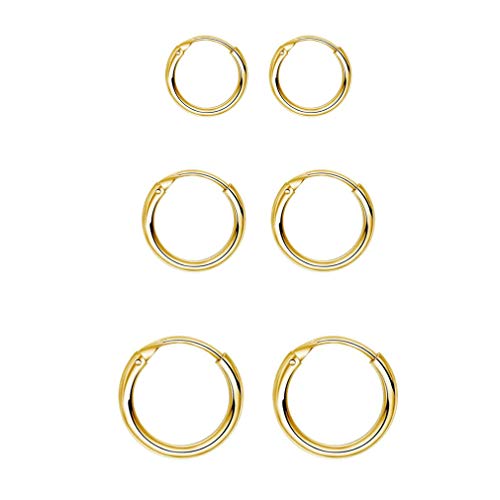 EPIRORA Sterling Silver Hoop Earrings for Women Men, Hypoallergenic Cartilage Earring Endless Small Hoop Earrings Set, 3 Pairs Tragus Earrings (8mm/10mm/12mm) - style: 2# 3 Pairs(8/10/12mm)-Gold