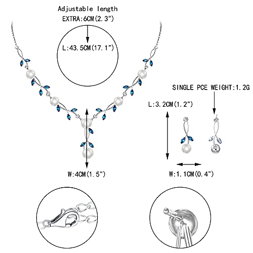 EVER FAITH Cubic Zirconia Pearl Leaf Vine Wedding Jewelry Set for Bride | Crystal Filigree Bridal Necklace Earrings, for Women Bridesmaid - color: 2pcs_Sky Blue Silver-Plated-Brass