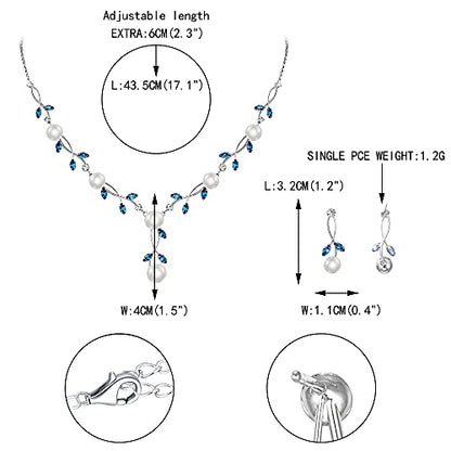 EVER FAITH Cubic Zirconia Pearl Leaf Vine Wedding Jewelry Set for Bride | Crystal Filigree Bridal Necklace Earrings, for Women Bridesmaid - color: 2pcs_Sky Blue Silver-Plated-Brass