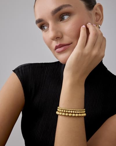 PAVOI 14K Gold Plated Beaded Bracelet Pack for Women | Stainless Steel 3-Piece Stretchy Bracelet Set | Waterproof Ball Trio - color: Yellow Gold, size: 6.5, style: Irregular