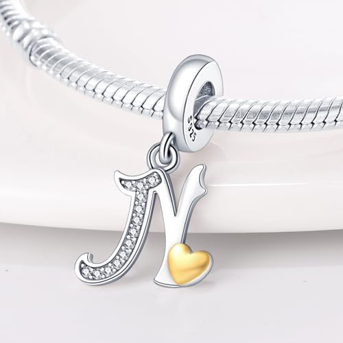 HappyStar Sterling Silver Letter Charms for Bracelets Alphabet Initial Dangle Charms Bead fit Pandora Bracelets Jewelry Gifts for Women - color: Letter charms N