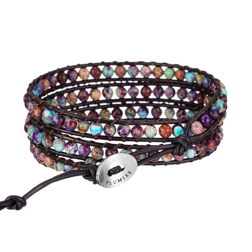 Plumiss Women Boho Handmade Natural Stone Crystal Leather Bead Wrap Bracelets Collection - style: 4mm Purple Blue Jasper