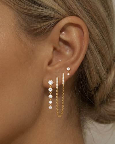 Gold Silver Earrings for Women Trendy 14K Gold Plated Dangle Hypoallergenic Cartilage Earrings Small 925 Sterling Silver Post Dainty Hoop Drop Pearl Earring Stacks Set Huggie Chain Earrings Jewelry - color: E-Chain Earrings-Gold