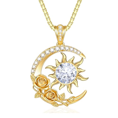 Midari 18K Yellow Gold Sun Moon Star Pendant Rose Flower Necklaces I Love You Forever Sun Moon Jewelry Gift for Mother Women - color: 04-Apri-White, style: Sun&Moon
