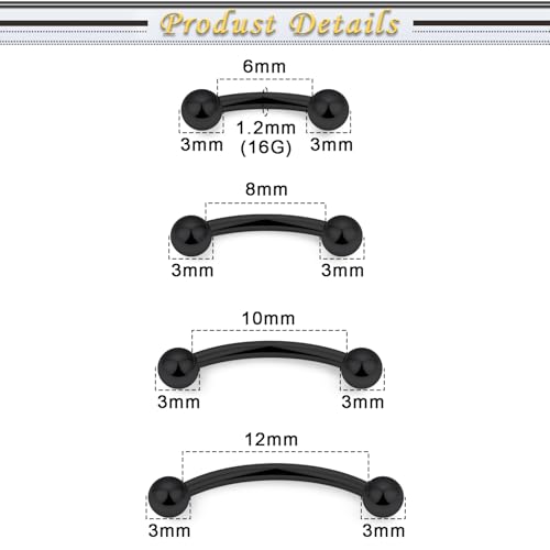 Eyebrow Piercing Jewelry Surgical Steel Vertical Labret Lip Jewelry Curved Barbell Tiny Eyebrow Ring Ear Rook Navel Small Belly Button Ring for Women Men 16g Bar Length 6mm/8mm/10mm/12mm - color: black,ball
