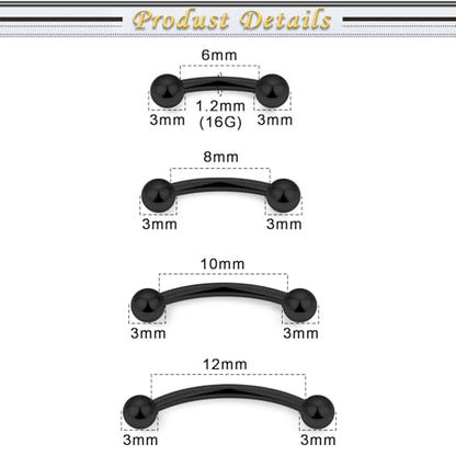 Eyebrow Piercing Jewelry Surgical Steel Vertical Labret Lip Jewelry Curved Barbell Tiny Eyebrow Ring Ear Rook Navel Small Belly Button Ring for Women Men 16g Bar Length 6mm/8mm/10mm/12mm - color: black,ball
