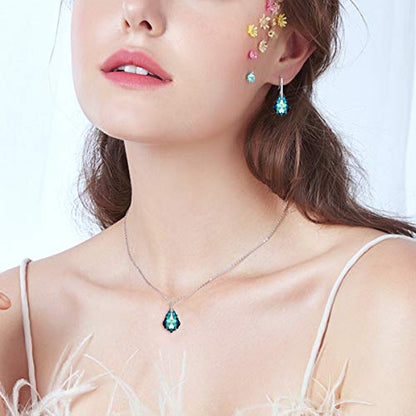 EleQueen 925 Sterling Silver CZ Baroque Drop Pendant Necklace Dangle Earrings Set Made with Austrian Crystal, Valentine's Day/Mother's Day/Christmas Jewelry Gift - color: Bermuda Blue