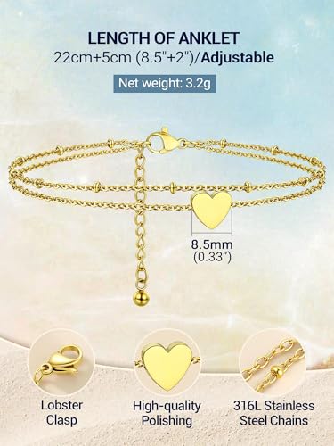 PROSTEEL Ankle Bracelets for Women, Silver/Gold/Black, Waterproof Anklets | Waterproof, Stainless Steel, Summer Beach Jewelry, Durable & No Tarnish, Come with Gift Box, 8-10.5" Adjustable, Plus Size - color: E: gold-heart layered