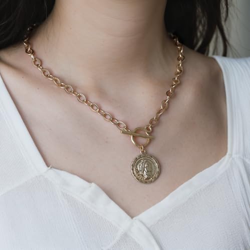 MISS SECRET Chunky Gold Necklaces for Women Coin Statement Necklace Antique Silver and Gold Chain Thick Toggle Pendant Trendy Fashion Jewelry - style: Worn Gold