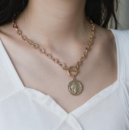MISS SECRET Chunky Gold Necklaces for Women Coin Statement Necklace Antique Silver and Gold Chain Thick Toggle Pendant Trendy Fashion Jewelry - style: Worn Gold