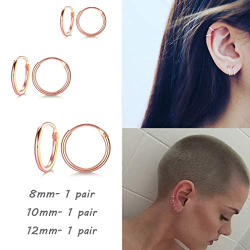 EPIRORA Sterling Silver Hoop Earrings for Women Men, Hypoallergenic Cartilage Earring Endless Small Hoop Earrings Set, 3 Pairs Tragus Earrings (8mm/10mm/12mm) - style: 3# 3 Pairs(8/10/12mm)-Rose Gold