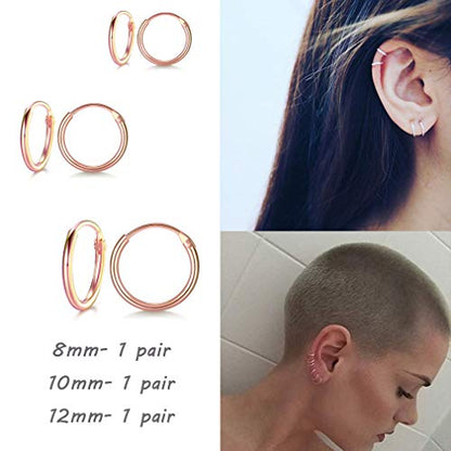 EPIRORA Sterling Silver Hoop Earrings for Women Men, Hypoallergenic Cartilage Earring Endless Small Hoop Earrings Set, 3 Pairs Tragus Earrings (8mm/10mm/12mm) - style: 3# 3 Pairs(8/10/12mm)-Rose Gold