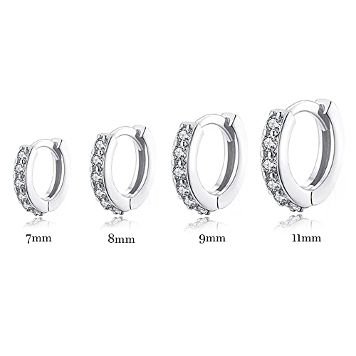 Cubic Zirconia Pave Cz Hoop Earrings Huggie Tiny Mini Small for Cartilage Sterling Silver Gold Plated 11mm 9mm 8mm 7mm Hoop Earrings - style: Silver-8mm Inner Diameter