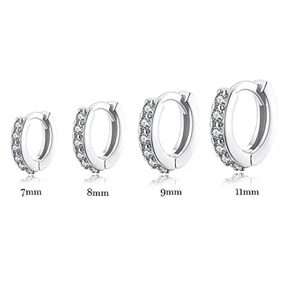 Cubic Zirconia Pave Cz Hoop Earrings Huggie Tiny Mini Small for Cartilage Sterling Silver Gold Plated 11mm 9mm 8mm 7mm Hoop Earrings - style: Silver-8mm Inner Diameter