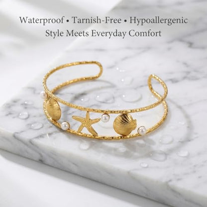Starfish Open Cuff Bracelet for Women – 18K Gold Plated Stainless Steel, Adjustable Ocean-Inspired Arm Cuff, Waterproof, Hypoallergenic Beach Jewelry Gift - color: Starfish-Seashell 4