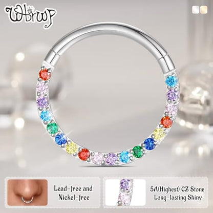 WBRWP 316L Stainless Steel Nose Hoop Rings Clicker with Zircon/Opal 14g-20g | Hypoallergenic Nose Rings Segment Clicker Lip Rings Cartilage Rook Conch Earrings Diameter 5mm-10mm - color: Flat silver ring with colorful zircon-1pc pack