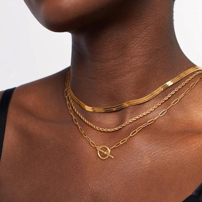 Freekiss 3-Piece Layered Toggle Necklace for Women | Gold/Silver necklace set with herringbone, rope, and paperclip chains plus a toggle clasp for layering, parties, and gifts - color: 3-Layered Paperclip Gold
