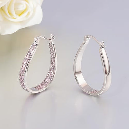 925 Sterling Silver Post Hoop Earrings for Women Gilrs Multcolors Cubic Zircon Hoops 14K Gold Plated Oval Chunky Hoop Earrings Jewelry Gift for Mothers Day/July 4th/Wedding/Party/Christmas - color: Light Pink