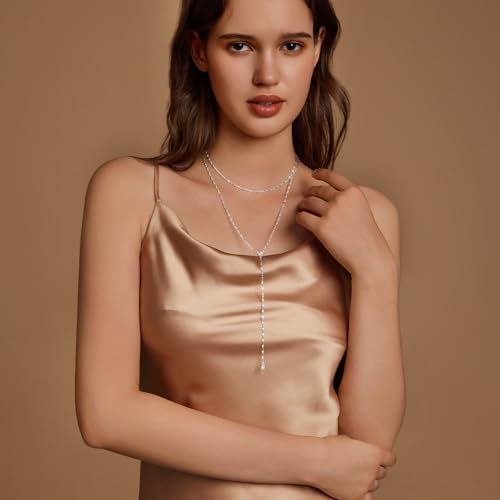 Zeffy Lariat Gold Necklace for Women, Dainty Long Necklace 14k Gold/Silver Plated Layered CZ Beaded Bar Chain Y-Shaped Body Chain Stack Drop Wedding Necklace Trendy Simple Gold Jewelry Gifts - color: Silver CZ Layered Y Necklace(1PCS)